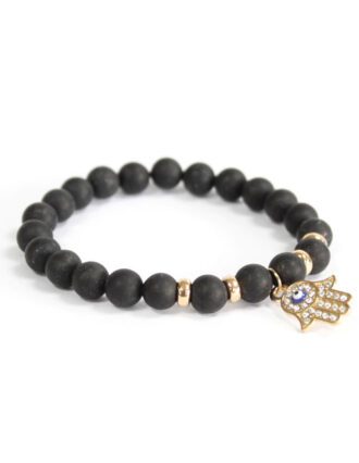 Zwarte Agaat powerbead armband met Hamsa bedel